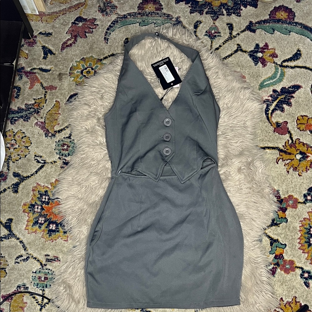 PrettyLittleThing Grey Sleeveless Halter Button Mini Dress